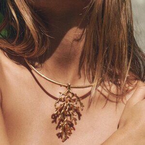 Zara Rigid Embossed Coral Gold Metal Choker Resort Vacation Necklace